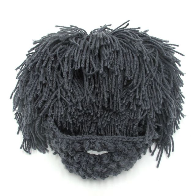 Mens Hand Knitted Beard and Hair Beanie Hat