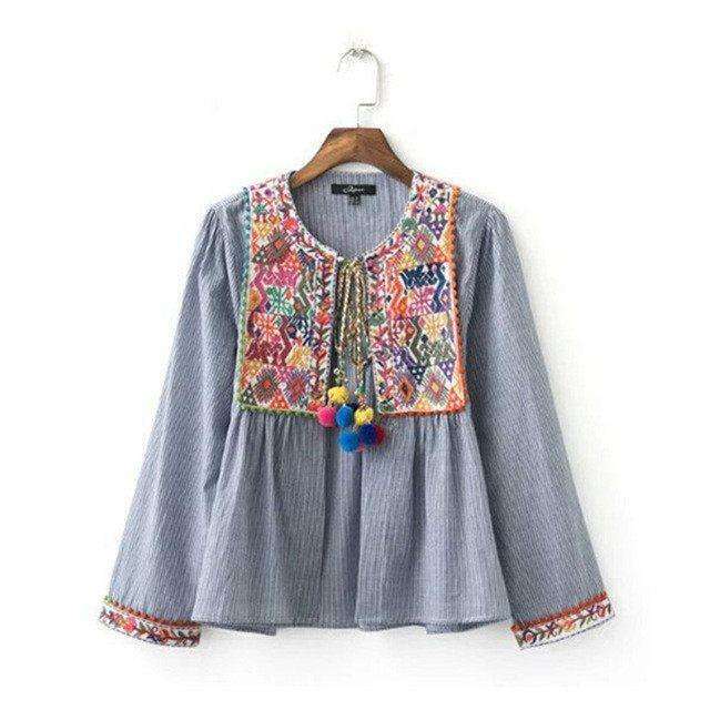 Pom Embroidered Boho Top - Mindful Bohemian
