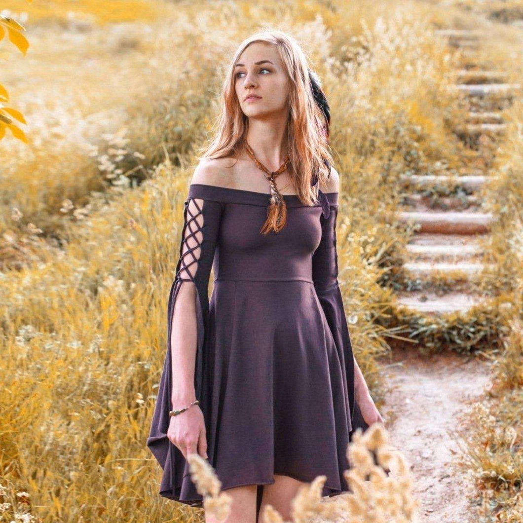 boho renaissance dress Anna-Kaci Women White Summer Fall Renaissance Dresses Casual Boho Lantern Sleeve Off Shoulder Fairy Long Dress, Beige / XL 16-18